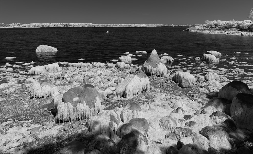 Infrared Panorama of Tidal Rocks and Harbor at Low Time.